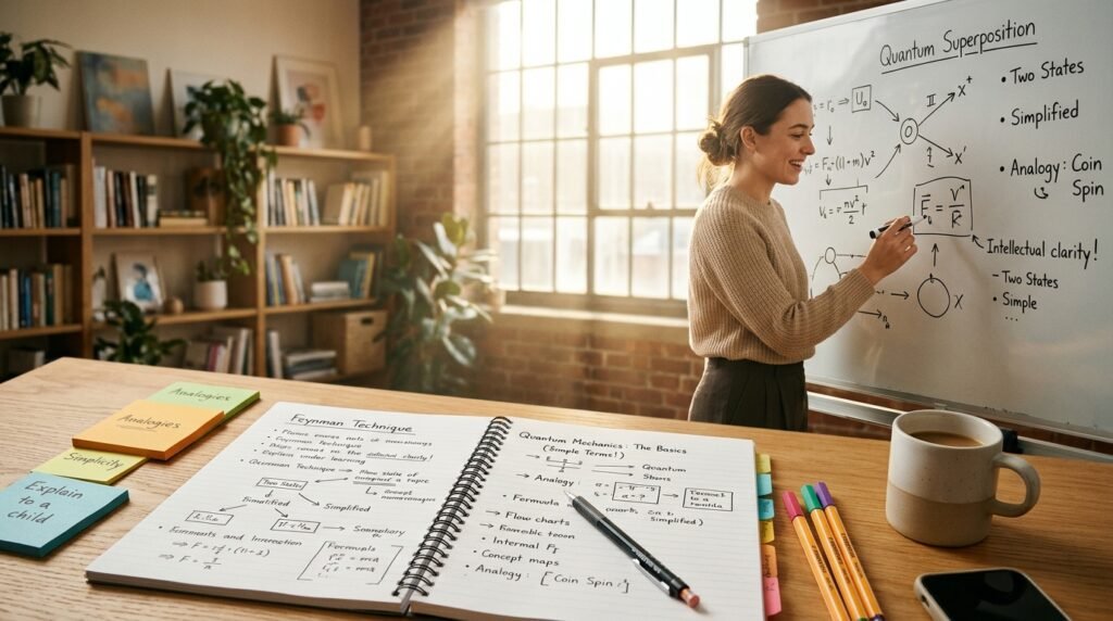 Feynman Technique study method: college student explaining complex concepts simply on a study studio whiteboard with notes and coffee