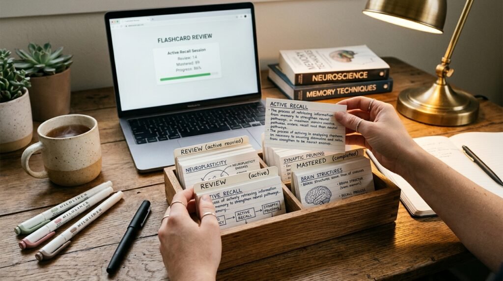 Active recall study method: student hands organizing Leitner box flashcards with spaced repetition review piles and notes