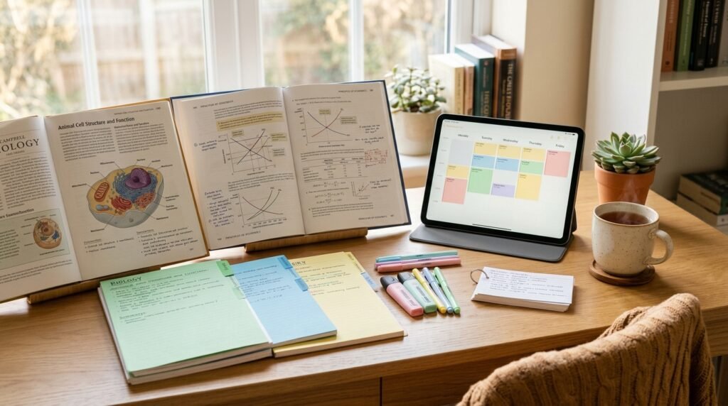 How to study for multiple exams at the same time: organized college study desk with interleaved revision schedules, color-coded notes, and textbooks