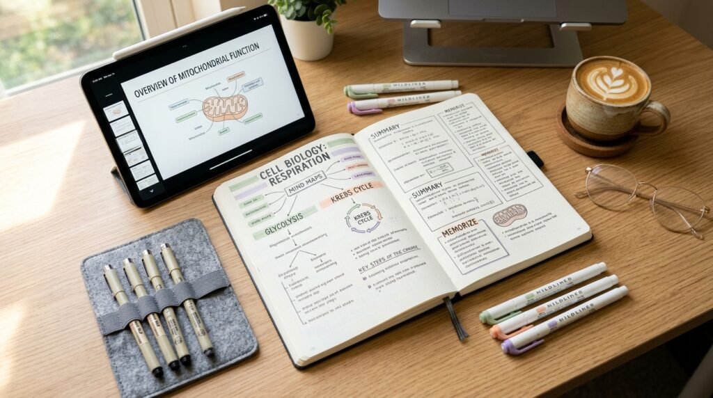 How to write a study guide: aesthetic flat-lay of structured student study notes, concept mind-maps, and highlighter organization