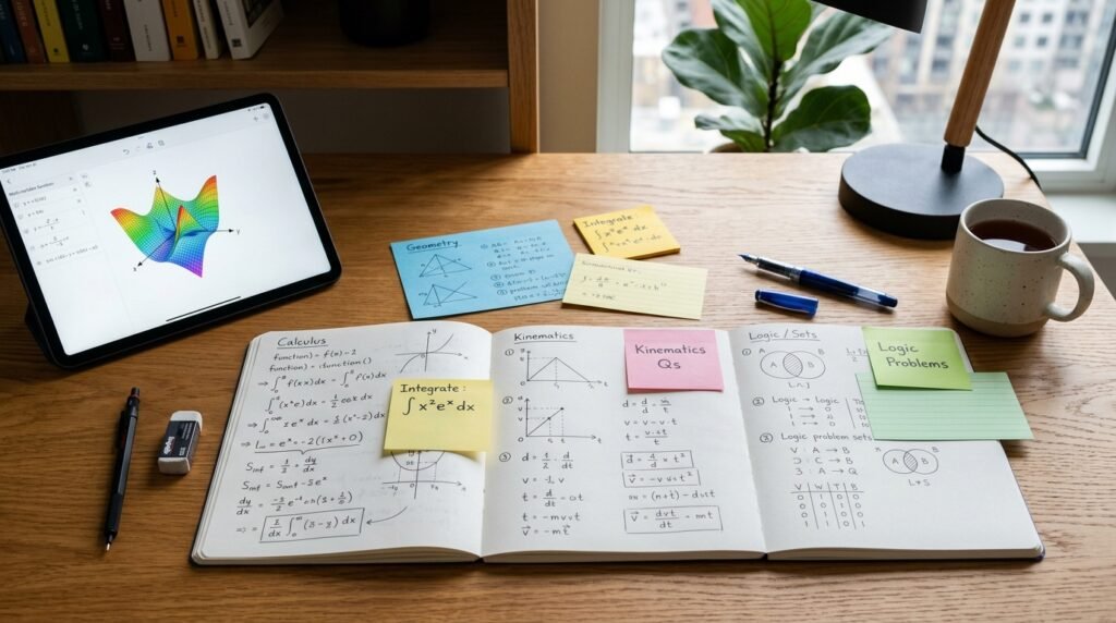 Interleaving study technique: modern student workspace with alternating problem sets in calculus, physics, and logic on desk