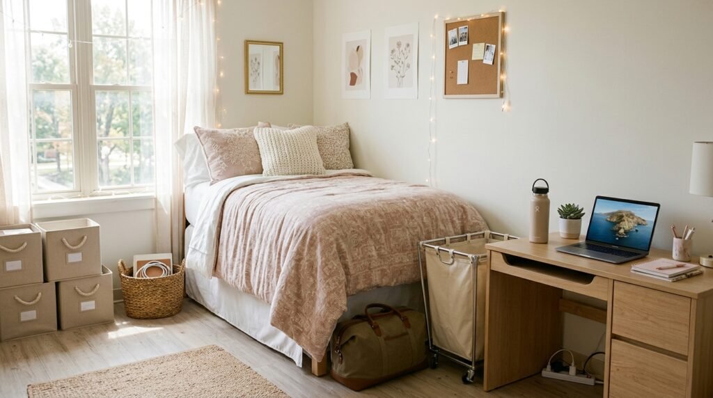 Aesthetic organized college dorm room packing essentials for girls featuring soft neutral bedding, desk organizers, and wardrobe storage