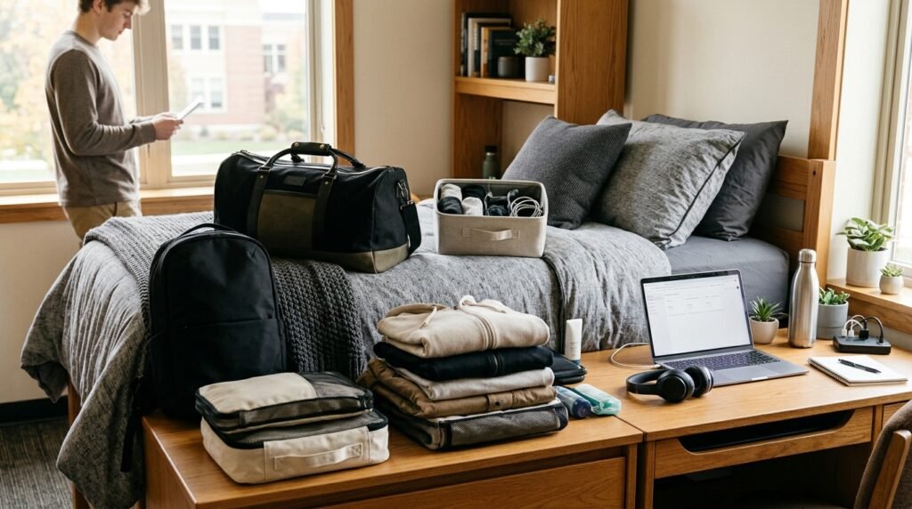 Modern minimalist college dorm room setup for guys with organized desk tech, sleek bedding, laundry storage, and study accessories